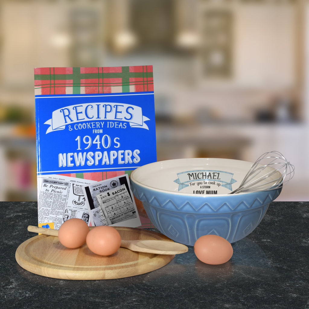 Blue mixing bowl and 1940 recipe book