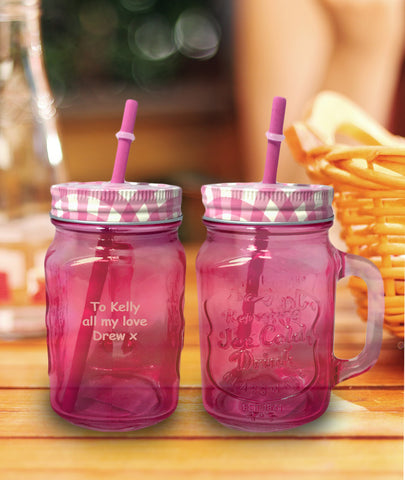 Personalised Pink Coloured Mason Jar with Straw