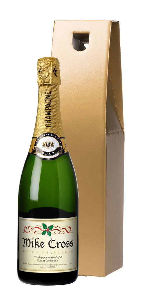 Holly Christmas Champagne in a Gold Gift Box