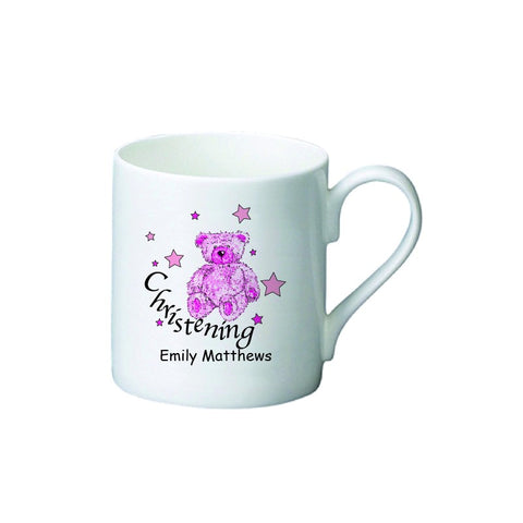 Teddy & Stars Pink Christening Bone China Mug