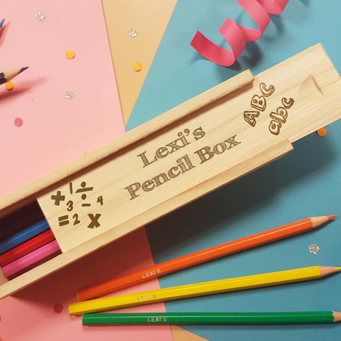 Back to School Wooden Box with Sliding Lid & 12 Pencils