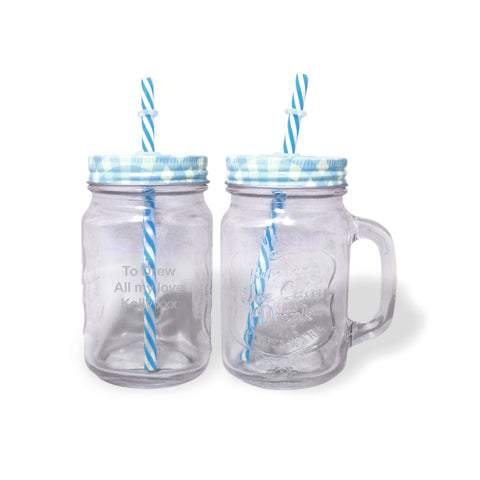 Personalised Blue Mason Jar with Straw