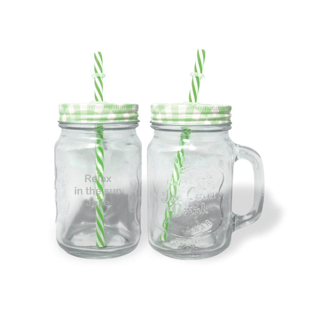 Personalised Green Mason Jar with Straw