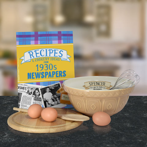Tan mixing bowl and 1930 recipe book