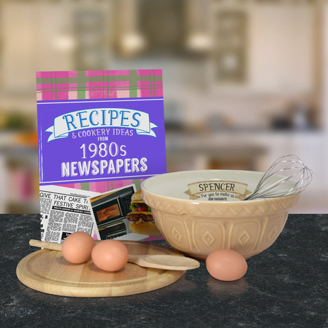 Tan mixing bowl and 1980 recipe book