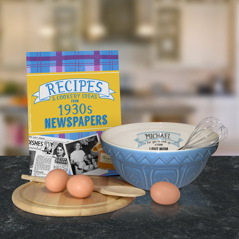 Blue mixing bowl and 1930 recipe book