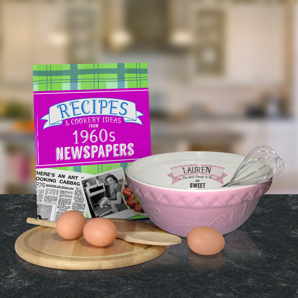 Pink mixing bowl and 1960 recipe book