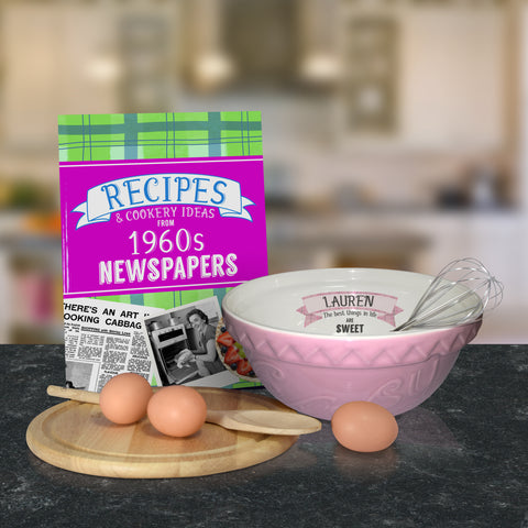 Pink mixing bowl and 1960 recipe book