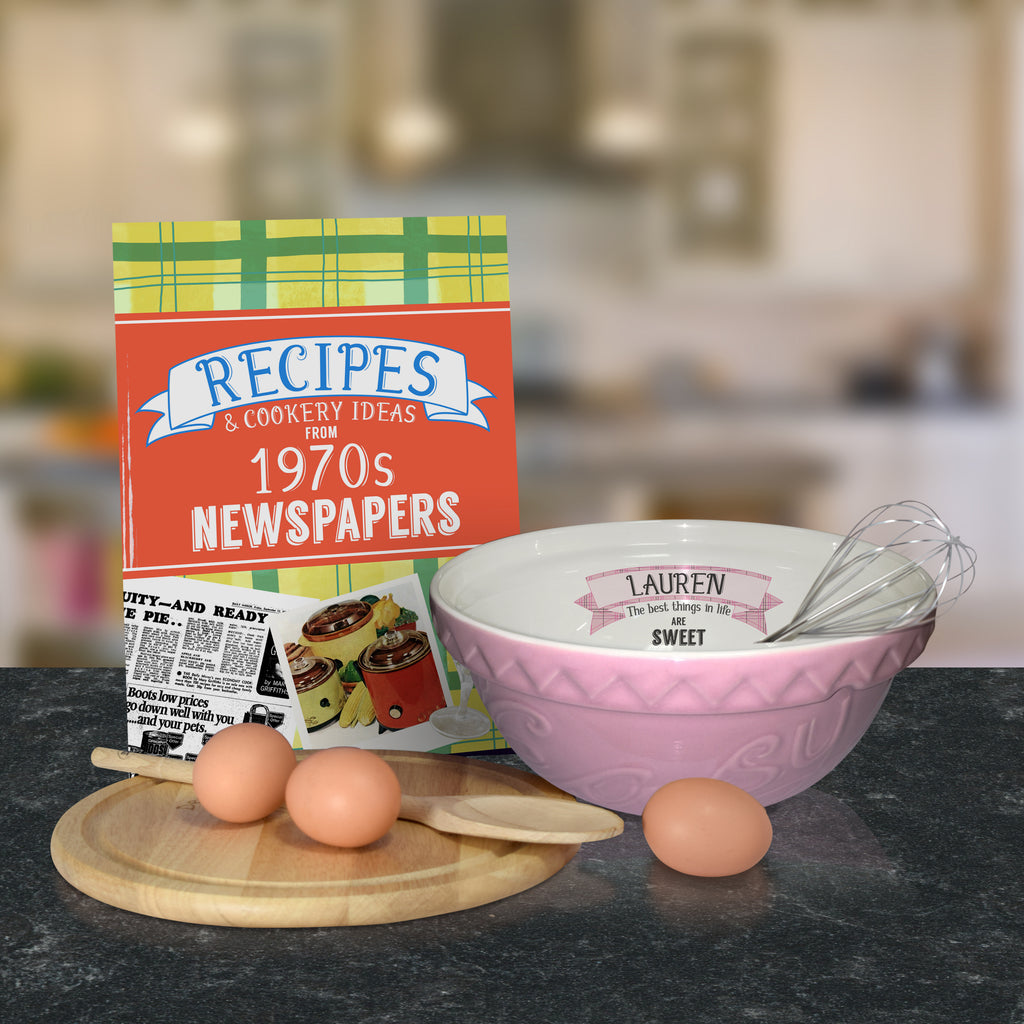 Pink mixing bowl and 1970 recipe book