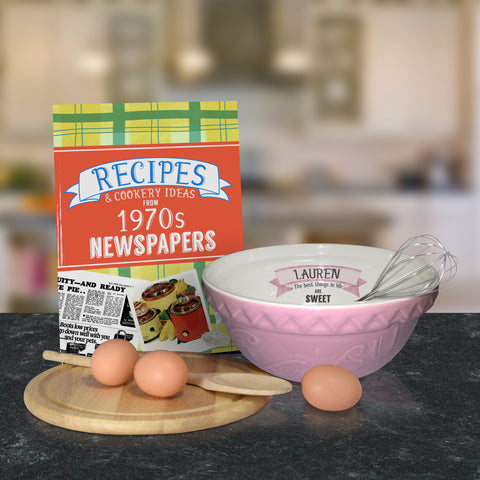 Pink mixing bowl and 1970 recipe book