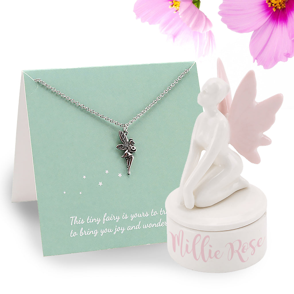Ceramic Fairy Trinket Box and Necklace