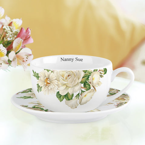 White Floral Cup and Saucer