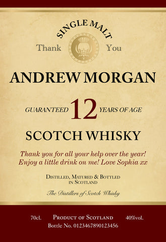 Thank You Labels for 12 Year Old Malt Whisky (Pack of 12)