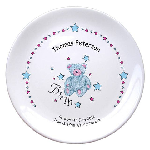 Teddy & Stars Blue Birth 8" Bone China Coupe Plate