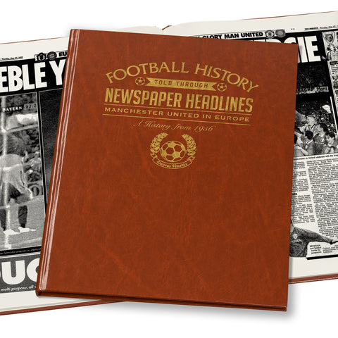 Manchester Utd in Europe Newspaper Book - Brown Leatherette
