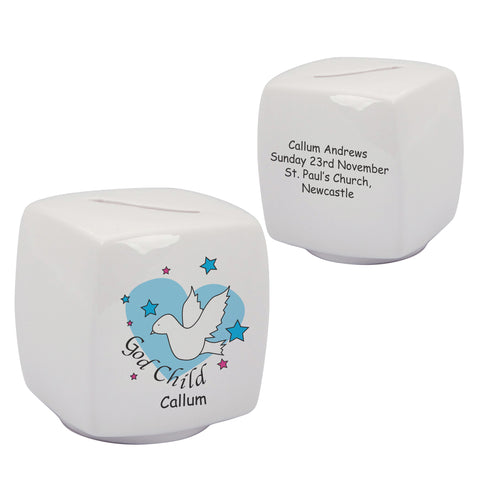 Dove & Hearts Blue Godchild Bone China Moneybox