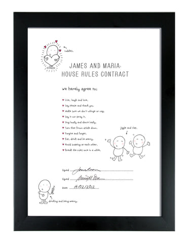 Chilli & Bubble's House Rules Contracts in a Black Frame