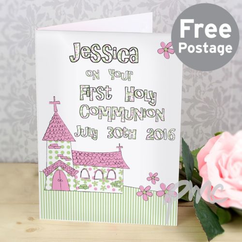 Personalised Whimsical Church Pink 1st Holy Communion Card
