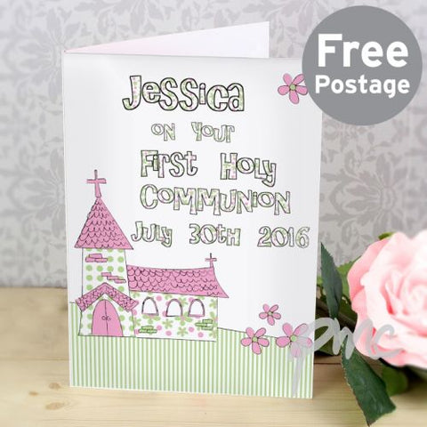 Personalised Whimsical Church Pink 1st Holy Communion Card