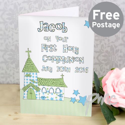 Personalised Whimsical Church Blue 1st Holy Communion Card