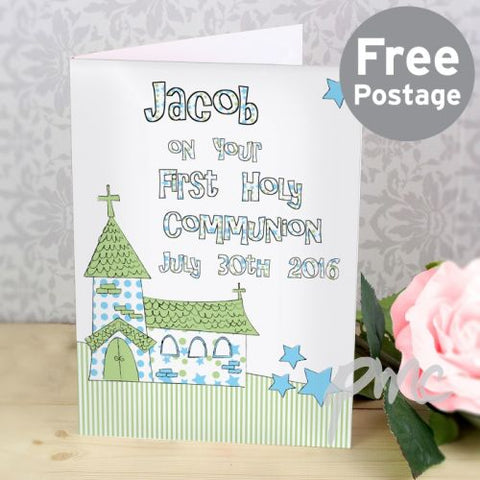 Personalised Whimsical Church Blue 1st Holy Communion Card
