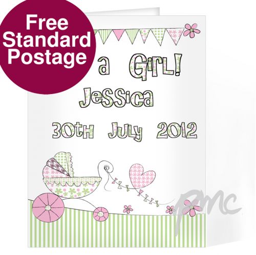 Personalised Whimsical Pram Its a Girl Card