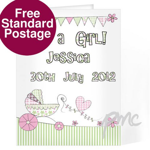 Personalised Whimsical Pram Its a Girl Card