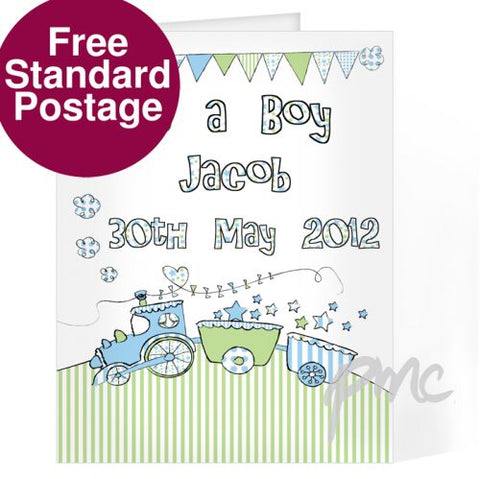 Personalised Whimsical Train Its a Boy Card