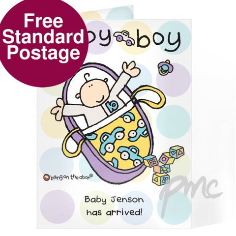 Personalised Bang on the Door Baby Boy Card