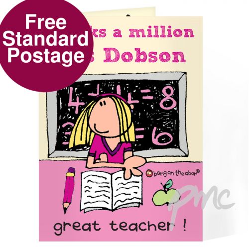Personalised Bang On The Door Teacher Female Card