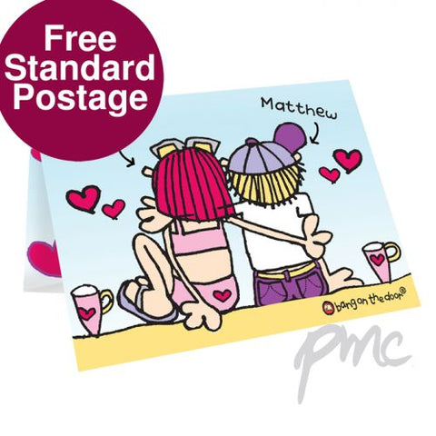 Personalised Bang On The Door Love On The Beach Card