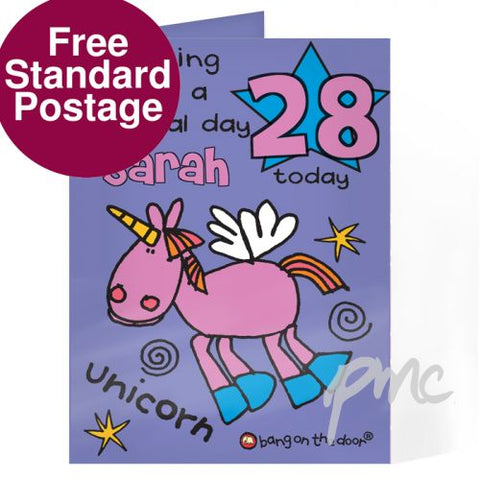 Personalised Bang On The Door Unicorn Age Card