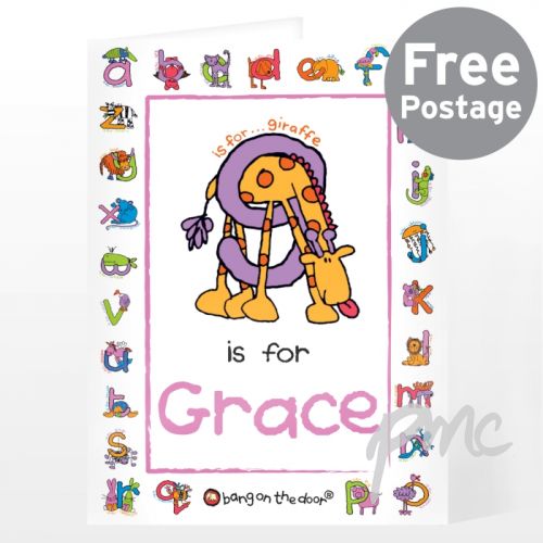 Personalised Bang On The Door Animal Alphabet Girls Card