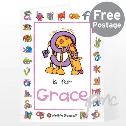 Personalised Bang On The Door Animal Alphabet Girls Card