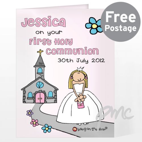 Personalised Bang On The Door First Holy Communion Girls Card