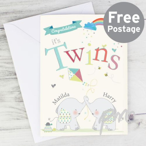 Personalised Hessian Elephant Twins Card