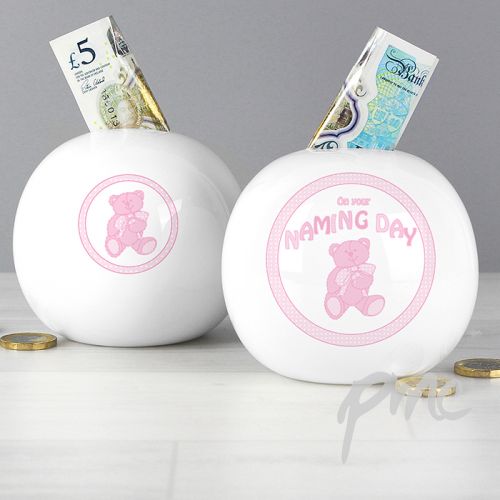 Teddy Naming Day Money Box Pink