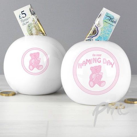 Teddy Naming Day Money Box Pink