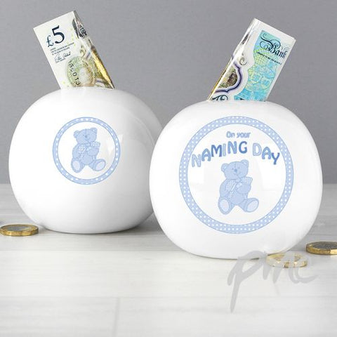 Teddy Naming Day Money Box Blue