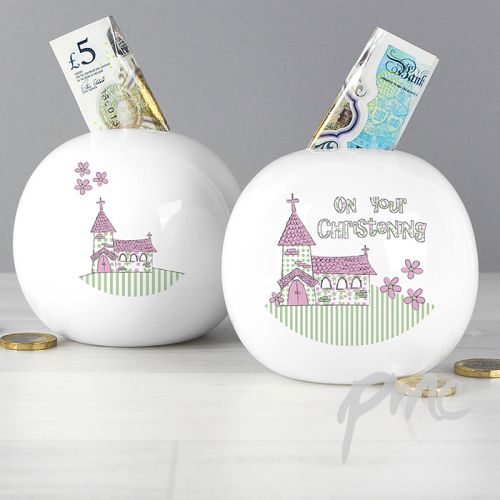 Pink Christening Church Money Box