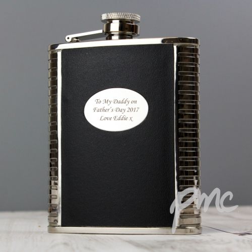 Personalised Steel and Black Leather Hip Flask