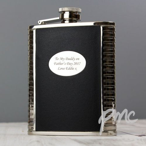 Personalised Steel and Black Leather Hip Flask