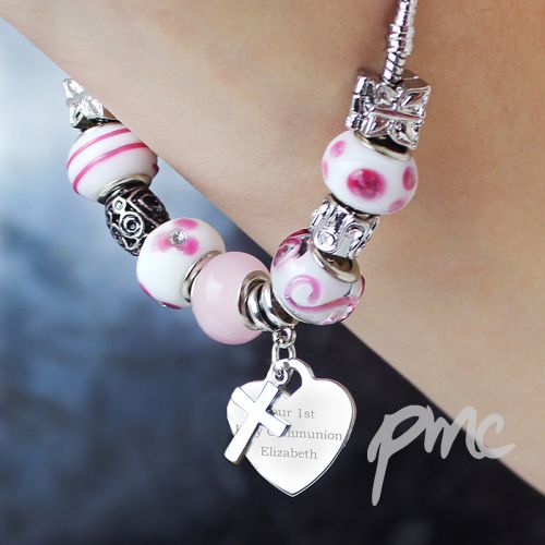 Personalised Cross Charm Bracelet - Candy Pink - 21cm