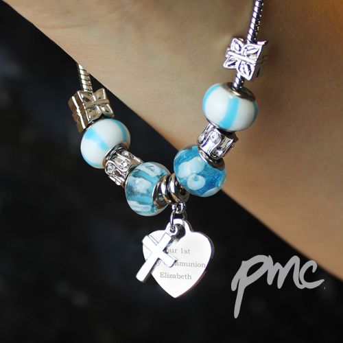 Personalised Cross Charm Bracelet - Sky Blue - 21cm