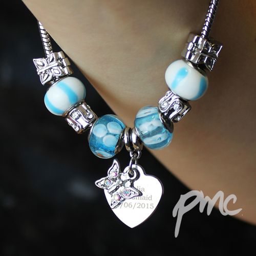 Personalised Butterfly & Heart Charm Bracelet - Sky Blue - 21cm