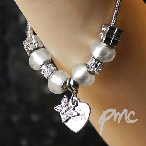 Personalised Butterfly & Heart Charm Bracelet - Ice White - 21cm