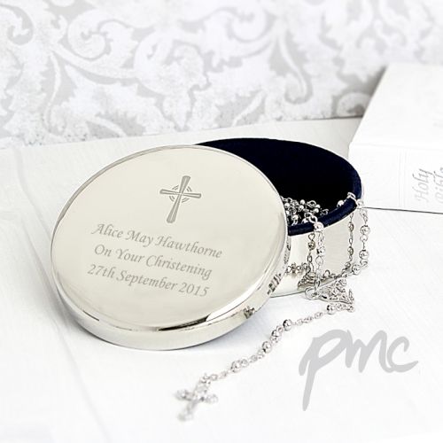 Personalised Rosary Beads and Cross Round Trinket Box