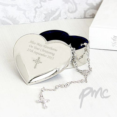 Personalised Rosary Beads and Cross Heart Trinket Box