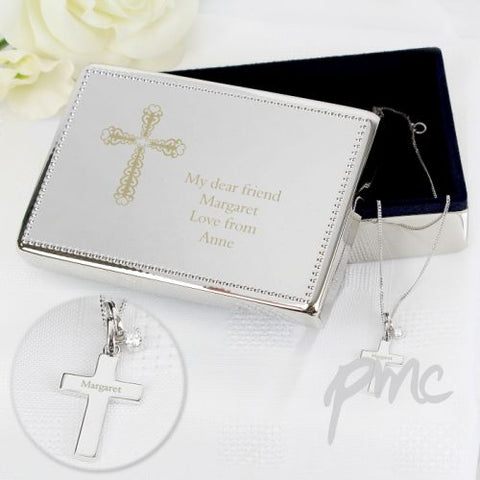 Personalised Engraved Cross Gift Set of Rectangular Jewellery Box & Silver Pendant