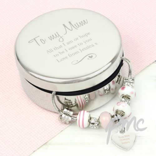 Personalised Swirls & Hearts Round Trinket Box & Candy Pink Heart Charm Bracelet